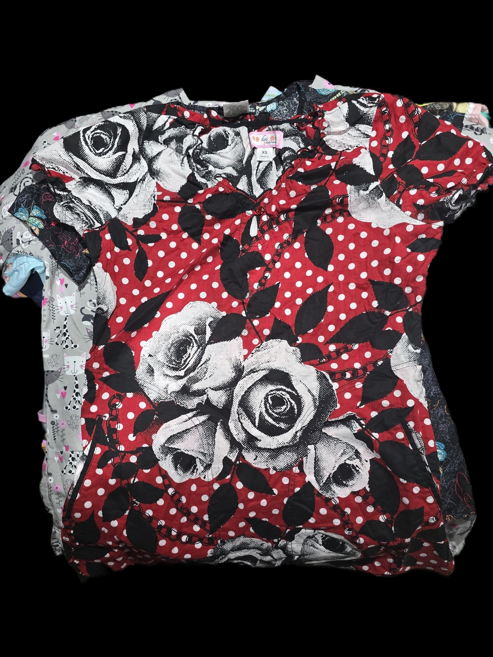 Koi Scrub Top Red Polka Dot Floral Top with Black Leaves